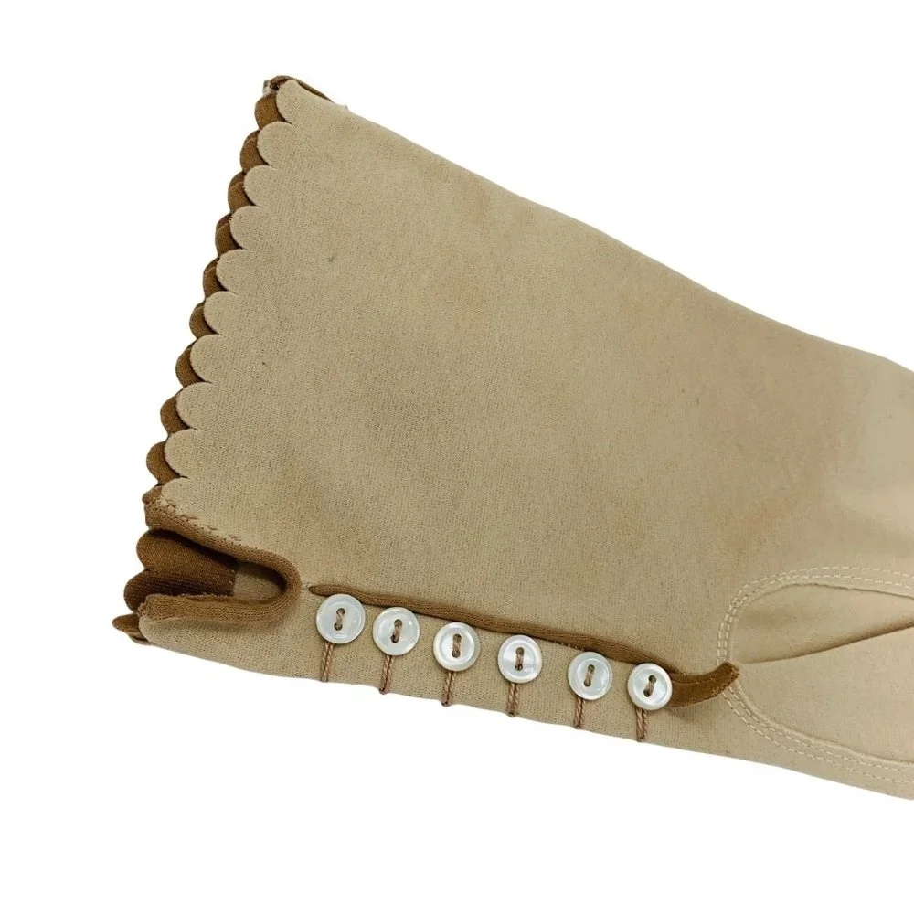 Vintage 1950s Tan & Brown Scalloped Gloves 3 Quarter Length